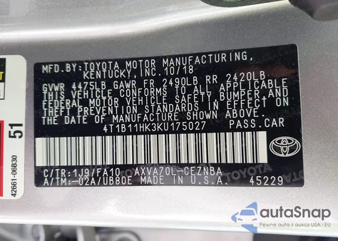 2019 Toyota Camry Le z USA, uszkodzony, nr VIN 4T1B11HK3KU175027